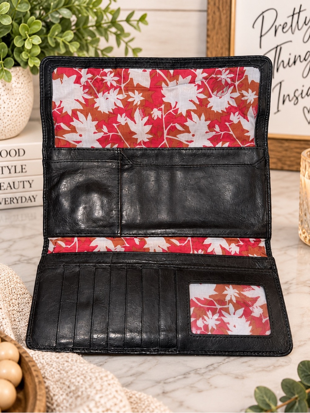 HOBO International Black Leather Trifold Wallet Floral Lining